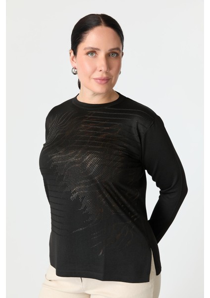 Büyük Beden Baskılı Triko Kazak-Siyah fırsatları