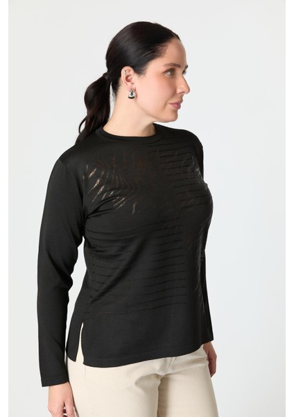 Büyük Beden Baskılı Triko Kazak-Siyah indirimleri