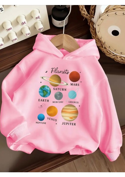 Punıx Kıds Özel Üretim Planets Baskılı Kapüşonlu %100 Pamuk Cepsiz Oversize Kız Çocuk Seatshırt