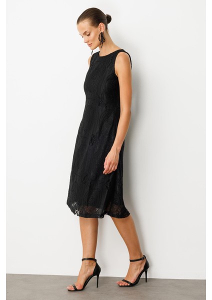 Dantel Görünümlü Uzun Elbise-Siyah indirimleri