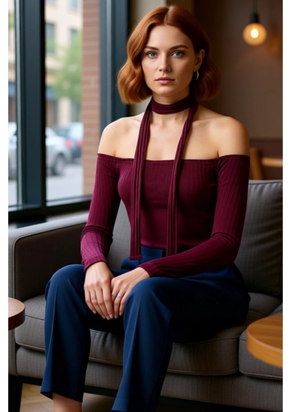 Kadın Örmecarmen Yaka Düşük Kol Crop Bluz Polyester Kaşkorse Dokusuyla Kış Sezonuna Uygun fiyatları