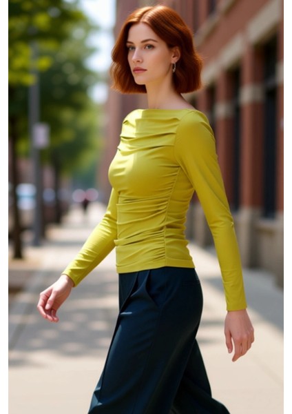 Kadın Bordo Kayık Yaka Drapeli Fitted Esnek Örme Uzun Kollu Bluz Smart Casual Günlük ve Gece