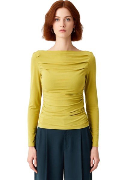 Kadın Bordo Kayık Yaka Drapeli Fitted Esnek Örme Uzun Kollu Bluz Smart Casual Günlük ve Gece modelleri