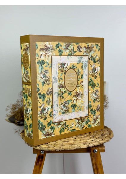 10X15CM 500 Fotoğraf Kapasiteli Kutulu Çiçek Desenli Lüks Ofset Fotoğraf Albümü (Sarı)