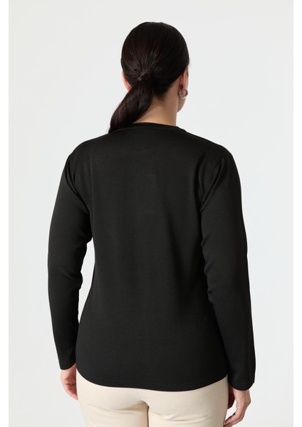 Büyük Beden Baskılı Triko Kazak-Siyah