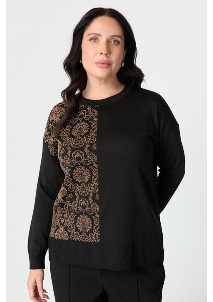 Büyük Beden Soyut Desenli Triko Kazak-Siyah/camel