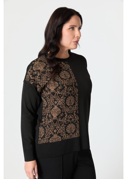 Büyük Beden Soyut Desenli Triko Kazak-Siyah/camel indirimleri