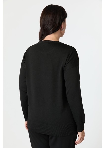 Büyük Beden Soyut Desenli Triko Kazak-Siyah/camel