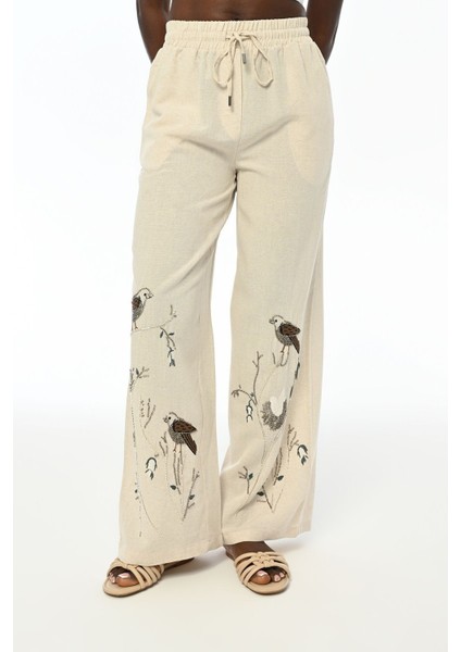 Kadın Kuş Nakış Işlemeli Bol Paça Pantolon