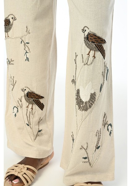 Kadın Kuş Nakış Işlemeli Bol Paça Pantolon fırsatları