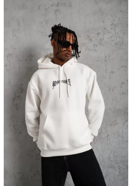 Erkek Kordon Ipli Baskılı Kapüşonlu Sweatshirt - Beyaz