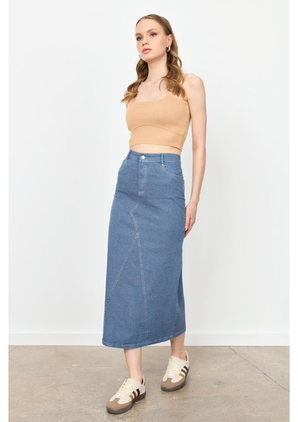 Yüksek Bel Uzun Kot Etek-Mavi modelleri