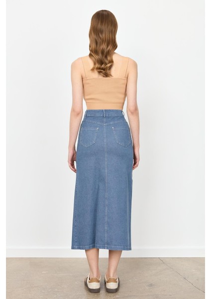 Yüksek Bel Uzun Kot Etek-Mavi