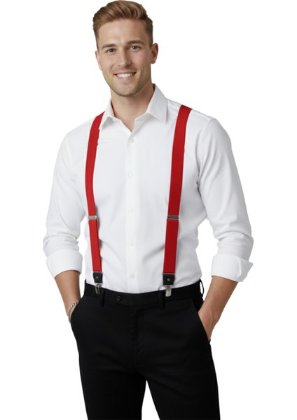 Unisex Kırmızı Derili Esneyebilen Lastik Ayarlanabilir Metal Klipsli Pantolon Askısı 2602025