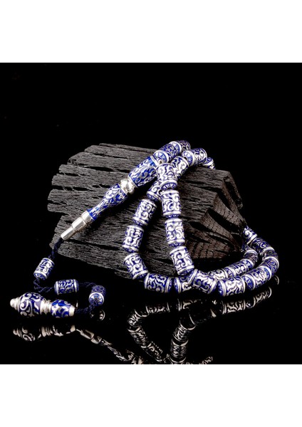 925 Ayar Gümüş Kapsül Kesim Mavi Mineli Tesbih