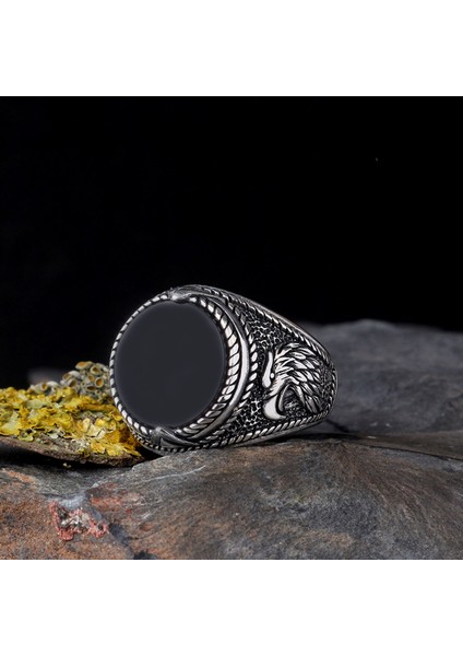 925 Ayar Gümüş Onix Taşlı Kartal Motifli Erkek Yüzük fiyatları