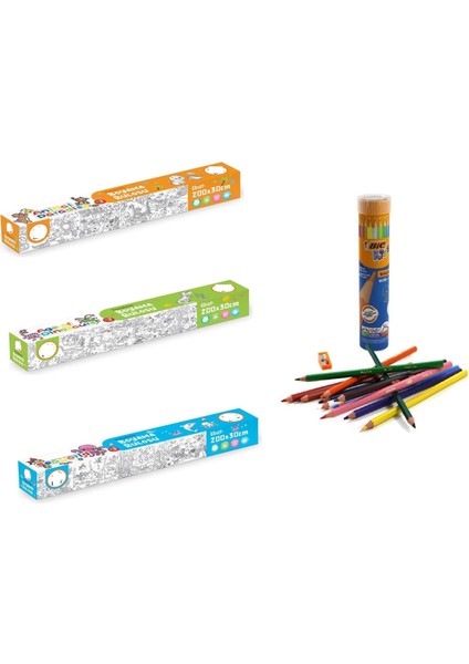 3’lü Yapışkanlı Rulo Resim Boyama Kağıdı (200X30 Cm) + 12'li Kuru Boya Hediyeli