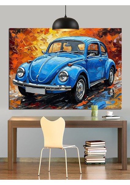 Mavi Vosvos Kaplumbağa Araba Dekoratif Kanvas - Mdf Ahşap Tablo
