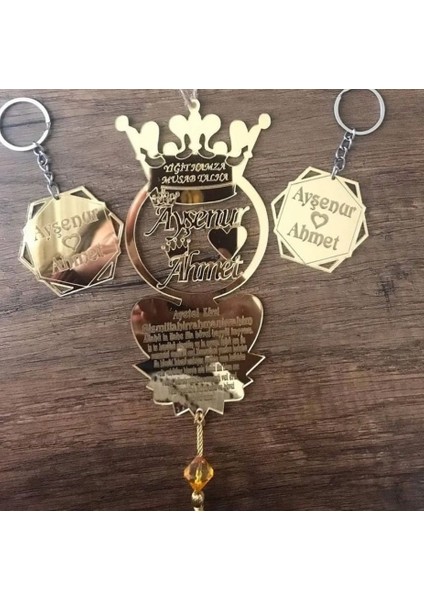 Kişiye Özel Dikiz Aynası Süsü (2 Anahtarlıklı) Taçlı Ayet-El Kürsi Yazılı