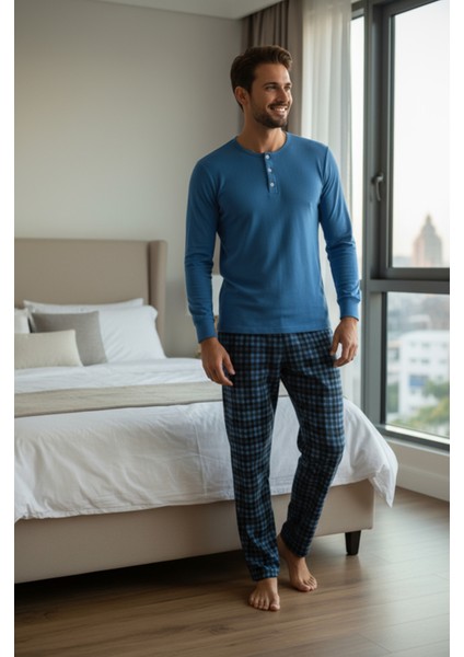 Luxury Thermal Erkek Pijama Takımı 9744 Mavi fiyatları