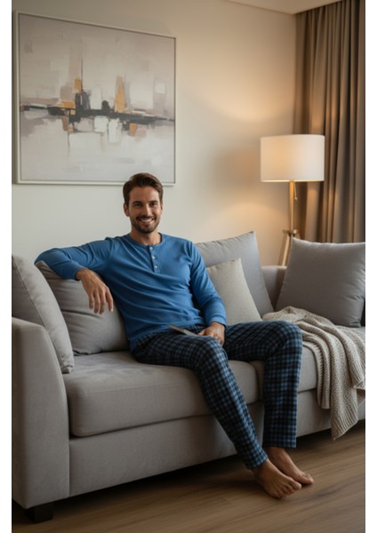 Luxury Thermal Erkek Pijama Takımı 9744 Mavi indirimleri