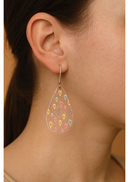 Kadın Küpe Bijuteri Özel Tasarım Desenli Ikili Kancalı Damla Küpe Renkli Aşk