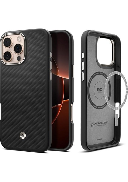 iPhone 16 Pro Max ile Uyumlu Magsafe Kılıf Enzo Aramid Hava Kanalı Teknolojisi Askeri Sınıf Koruma Magfit Black Natural Dokulu Yüzey Kapak - ACS08501