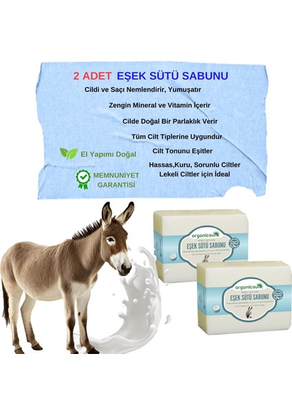Organicsun Doğal Eşek Sütü Sabunu 140 gr x 2 Adet Tüm Cilt Tipleri Için Anti Aging Etkili B ve E Vitaminli fiyatları
