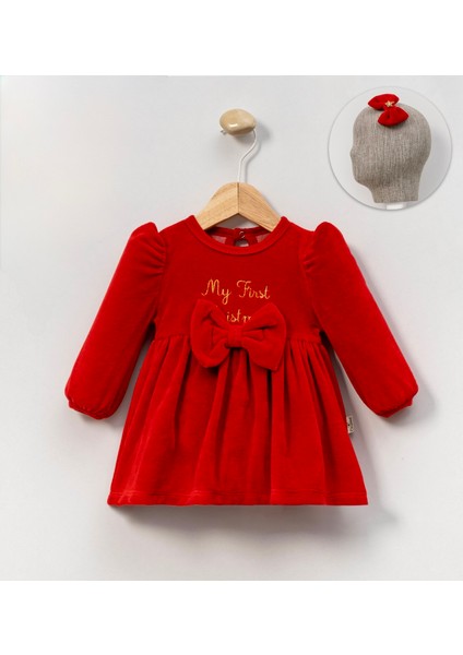 My First Christmas Yılbaşı Temalı Kız Bebek Balon Kollu Fiyonk Detaylı Elbise ( Toka Hediyelidir)