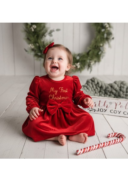 My First Christmas Yılbaşı Temalı Kız Bebek Balon Kollu Fiyonk Detaylı Elbise ( Toka Hediyelidir) fiyatları