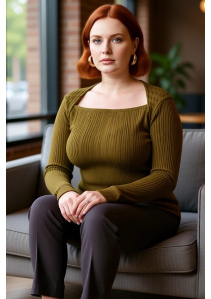 Kadın Moda Şık Büyük Beden Regular Kare Yaka Fitted Kalıp Triko I Örgü Detaylı Yumuşak Kumaş Bluz