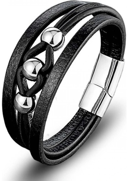 Çelik Top ve Siyah Deri Bileklik 33514B8D1