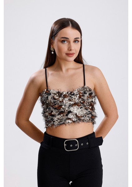 Arkası Fermuarlı Gloplu Askılı Sakallı Payet Bustiyer | BUST34594 Gold-Kahve