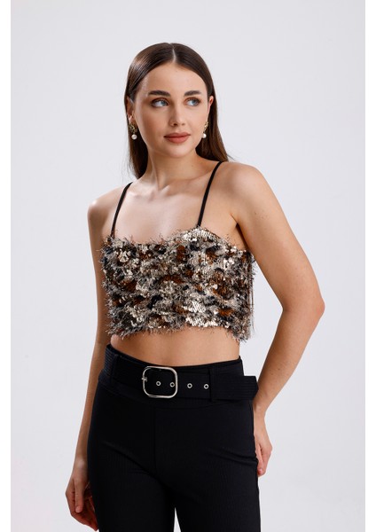 Arkası Fermuarlı Gloplu Askılı Sakallı Payet Bustiyer | BUST34594 Gold-Kahve fiyatları