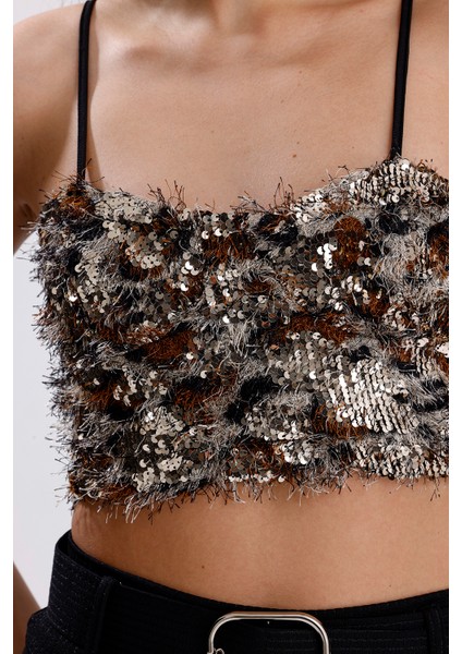 Arkası Fermuarlı Gloplu Askılı Sakallı Payet Bustiyer | BUST34594 Gold-Kahve fırsatları