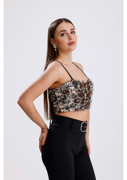 Arkası Fermuarlı Gloplu Askılı Sakallı Payet Bustiyer | BUST34594 Gold-Kahve