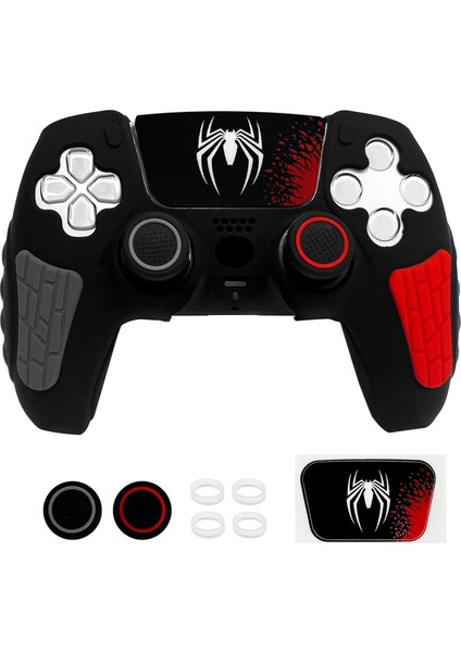 Ps5 Dualsense Silikon Kılıf Siyah-Kırmızı Spider Desen + 2 Thumb Grip + Sticker + Analog Koruyucu Halkalar (Rings)