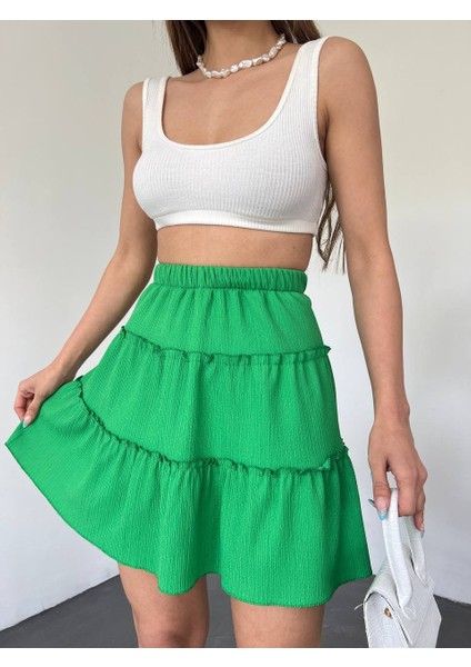 Parça Kumaş Beli Lastikli Şortlu Etek