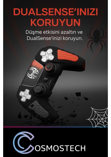 Ps5 Dualsense Silikon Kılıf Siyah-Kırmızı Spider Desen + 2 Thumb Grip + Sticker + Analog Koruyucu Halkalar (Rings)