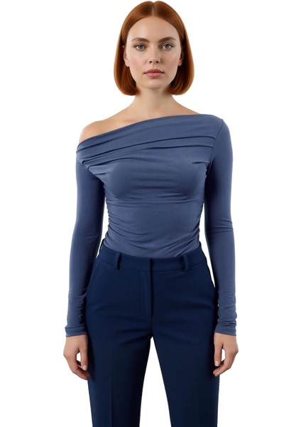 Stil Kadın Büzgü Drape Detaylı Fitted Vücuda Oturan Kollu Esnek Bluz Regular Örme Slim Kalıp