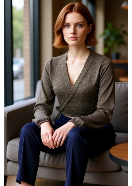 Kadın Moda Şık Regular Kruvaze Yaka Ispanyol Kol Slim Kalıp Örme Yumoş Bağlama Detaylı Kollu Bluz