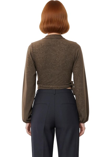 Kadın Moda Şık Regular Kruvaze Yaka Ispanyol Kol Slim Kalıp Örme Yumoş Bağlama Detaylı Kollu Bluz modelleri