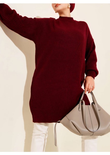 Kabartma Asimetrik Çizgili Uzun Kollu Triko Tunik