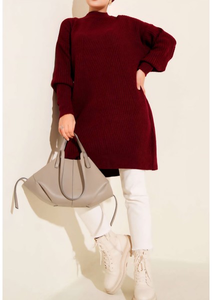 Kabartma Asimetrik Çizgili Uzun Kollu Triko Tunik modelleri