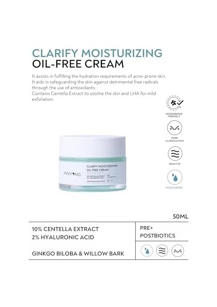 Anyong Sakinleştirici ve Nemlendirici Yağ Içermeyen Krem 50 ml (Centella Özü & Hyalüronik Asit)-Yağlı Cilt