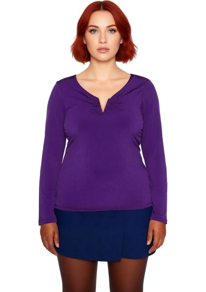 Kadın Moda Şık Büyük Beden Regular V Yaka Fitted Kalıp Örme Sandy Bluz fiyatları