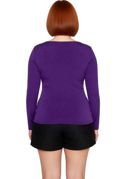 Kadın Moda Şık Büyük Beden Regular V Yaka Fitted Kalıp Örme Sandy Bluz modelleri