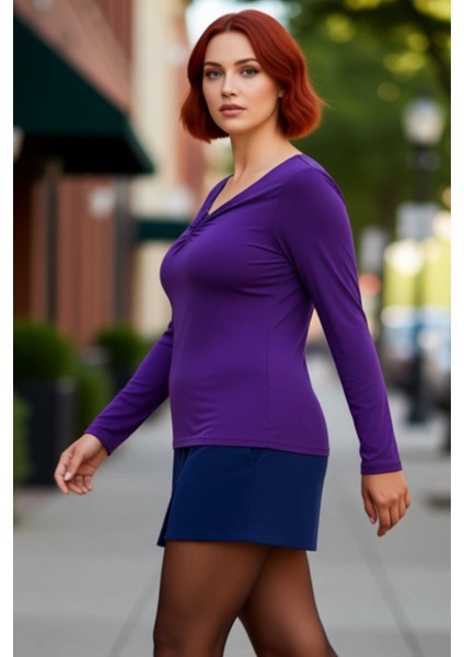 Kadın Moda Şık Büyük Beden Regular V Yaka Fitted Kalıp Örme Sandy Bluz fırsatları