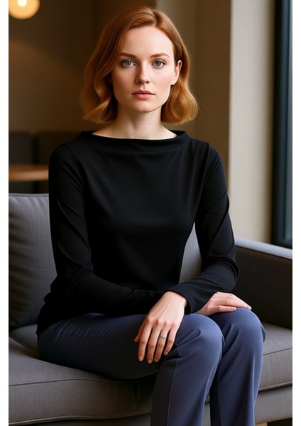 Kadın Moda Şık Üst Giyim Regular Kayık Yaka Ispanyol Kol Relaxed Kalıp Örme Rahat Kalıp Esnek Bluz