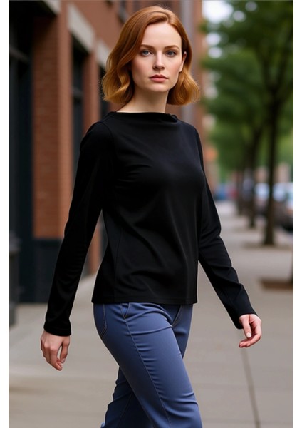 Kadın Moda Şık Üst Giyim Regular Kayık Yaka Ispanyol Kol Relaxed Kalıp Örme Rahat Kalıp Esnek Bluz fırsatları